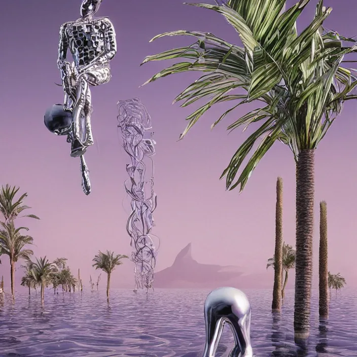 Image similar to hyperrealistic geometric objects in a surreal minimalistic 8 0's dreamscape environment by salvador dali, enormous chrome man, highly detailed, 3 d render, octane, beautiful lighting, photorealistic, intricate, elegant, wayne barlowe, water, mirrors, pink doorway, beautiful, masterpiece, trending on artstation, artgerm, checkered floor, palm tree