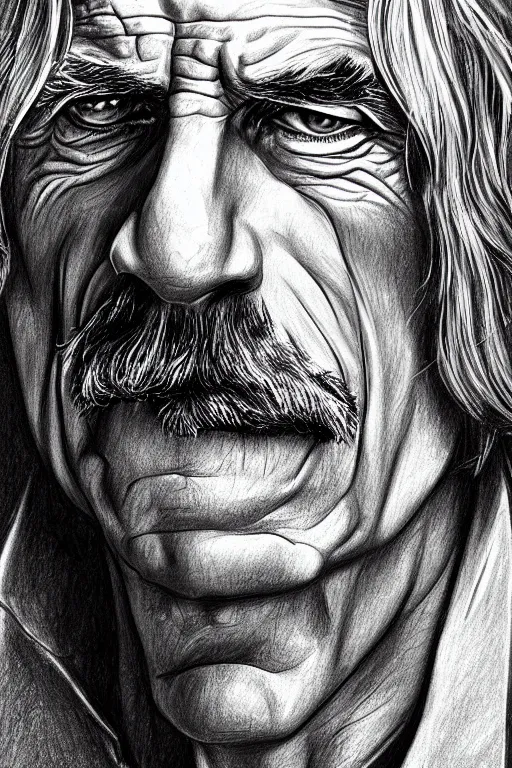 Prompt: hyperrealist pencil sketch of vampire sam elliott by david malan and alphonse mucha, fantasy art, drawing, dynamic lighting, artstation, poster, volumetric lighting, very detailed faces, 4 k, award winning