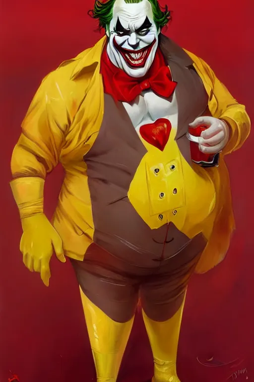 Prompt: a very fat sinister looking joker dressed in yellow and red rubber latex Ronald Macdonalds costume, fantasy, intricate and very very beautiful and elegant, highly detailed, digital painting, artstation, concept art, smooth and sharp focus, illustration, art by tian zi and WLOP and alphonse mucha