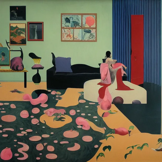 Image similar to female emo art student in her lounge room, painting of flood waters inside an artist's loungeroom, a river flooding indoors, pomegranates, pigs, ikebana, water, octopus, river, rapids, waterfall, black swans, canoe, berries, acrylic on canvas, surrealist, by magritte and monet