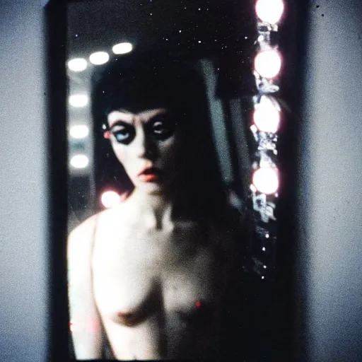 Prompt: cinestill 5 0 d candid photographic portrait by stanley kubrick of a feminine man wearing rugged black techwear and glitter goth makeup looking in the shattered bathroom mirror, cramped new york apartment, medium shot, retrofuturism cyberpunk cinematic, light and shadows, 8 k, hd, high resolution, 3 5 mm, f / 3 2, ultra realistic faces