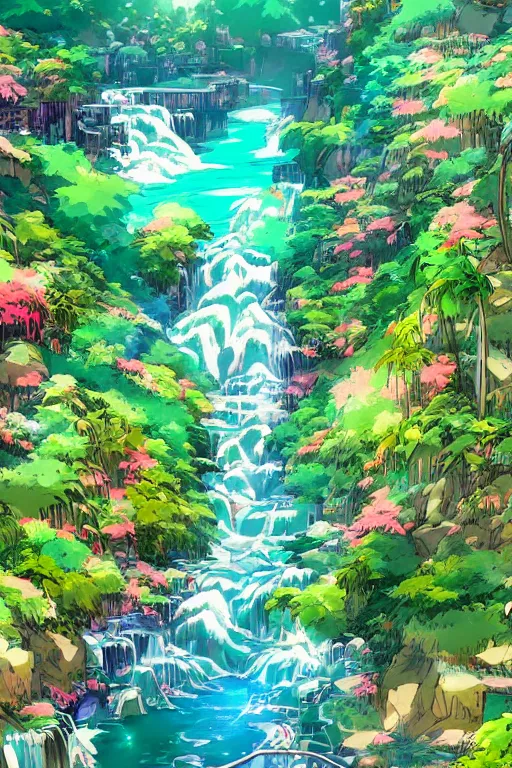 Prompt: landscape of an anime style with tropical flowers and waterfalls neon colors, bird eye view, bove rule of thirds golden ratio, fake detail, trending pixiv fanbox art by todd mcfarlane