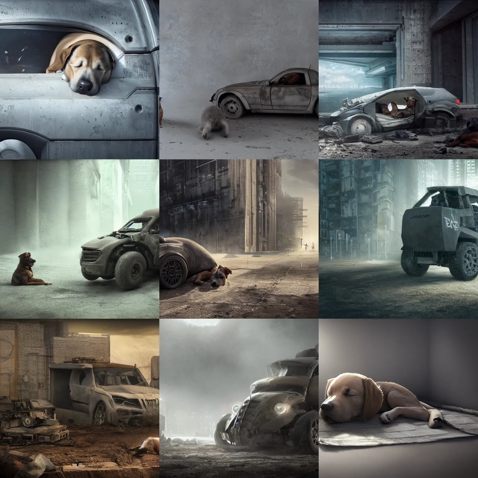 Prompt: matte painting of a ciberdog sleeping inside a totaled machine ultra detailed, octane render, 4K, dystopian, micro details