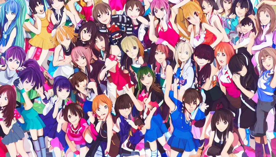 Image similar to group of cute anime characters jumping, colorful outfits, short miniskirts, lightly dressed, ultra detailed digital art, hyper real, detailed, group photo, ultra detailed, ground up angle