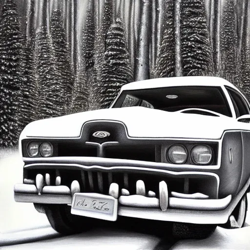 Image similar to rusty ford bel air in winter forest, grey scale, oil painting