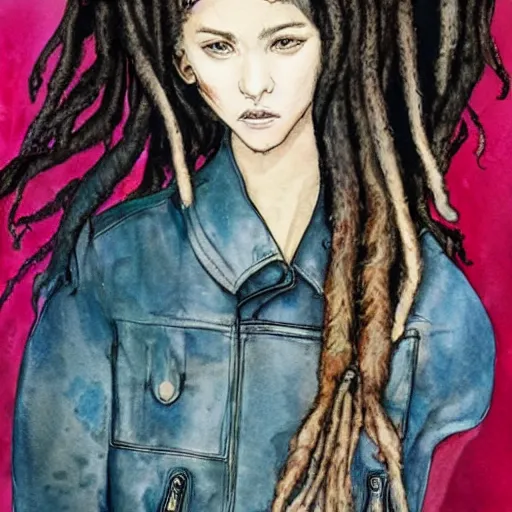 Image similar to james jean water color of a beautiful girl with dreadlock and a leather jacket