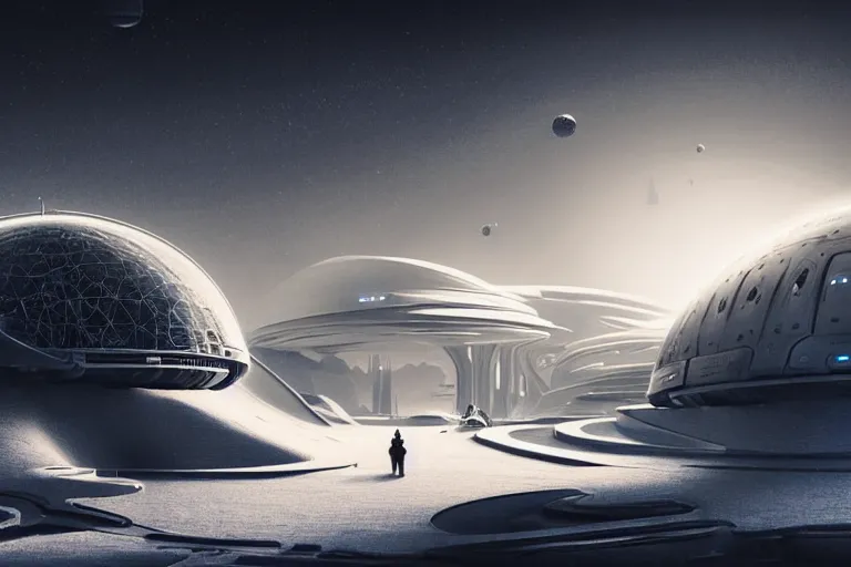 Image similar to futuristic space station in the snowy mountains 3 d concept art, cinematic lighting, intricate details, building by zaha hadid, pastel sunset, emissary space by arthur haas and bruce pennington and john schoenherr, cinematic matte painting, dark moody monochrome colors, trending on artstation, featured on behance