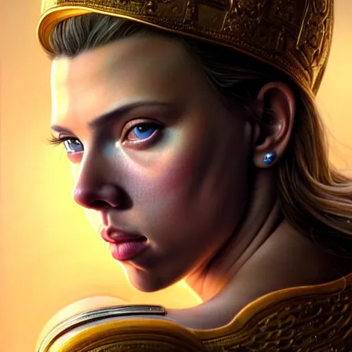 Image similar to hyperrealistic mixed media painting of beautiful goddess Athena played by Scarlett Johansson, stunning 3d render inspired art by P. Craig Russell and Barry Windsor-Smith, perfect facial symmetry, dim volumetric lighting, 8k octane beautifully detailed render, post-processing, portrait, extremely hyper-detailed, intricate, epic composition, brown brown brown eyes, realistic eyes, cinematic lighting, masterpiece, trending on artstation, detailed detailed detailed, masterpiece, stunning