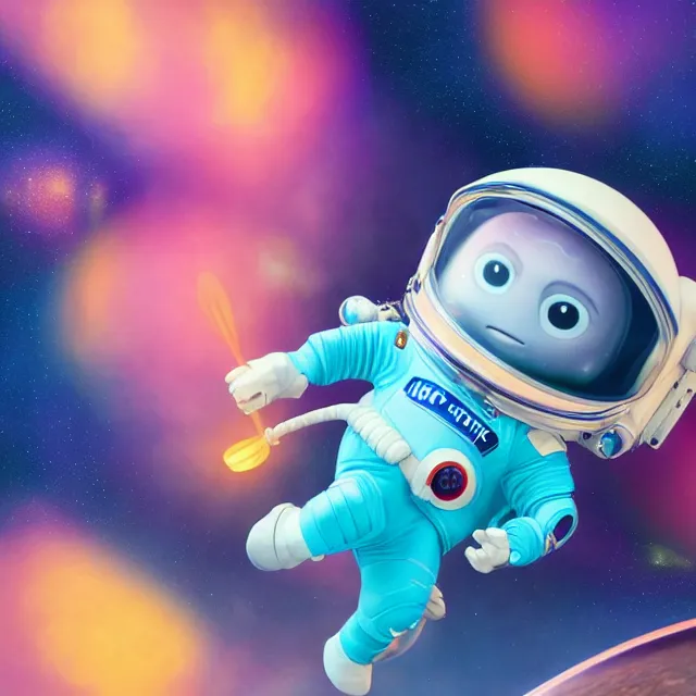 Image similar to a cute astronaut, pixar animation style, soft colors, by jeff koons, by lisa frank, octane render, colorful, spectral color, 5 d, ultra - hd, happy, good, mini, volumetric lighting