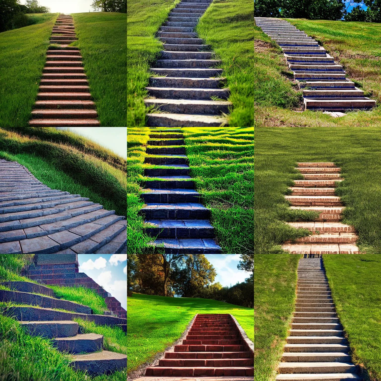 Prompt: Brick staircase leading to the top of a grassy hill, landscape, blue sky, photorealistic