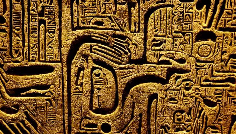 Image similar to h. r. giger hieroglyphs, hieroglyphs showing ufos alien planets, gold plate render, various refining techniques, micro macro auto focus, top photography photo art gallery, realistic photo, insane detail