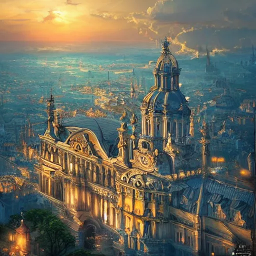 Image similar to magnificent baroque city floating in the sky, beautiful, surreal, highly detailed, sharp focus, sunset, by artgerm, cgsociety