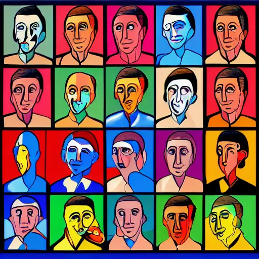 Prompt: funny faces of computer AI. portrait. Picasso style. Cartoon. Vivid colors.