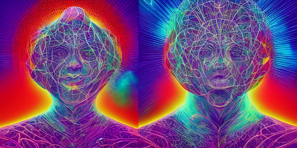 Prompt: trasnformation into transcendence into collaborative intelligence, endless collaboration with ai, connectedness, body, by alex grey, album cover, award winning, beautiful, colorful, volumetric lighting, trending on artstation, cinematic