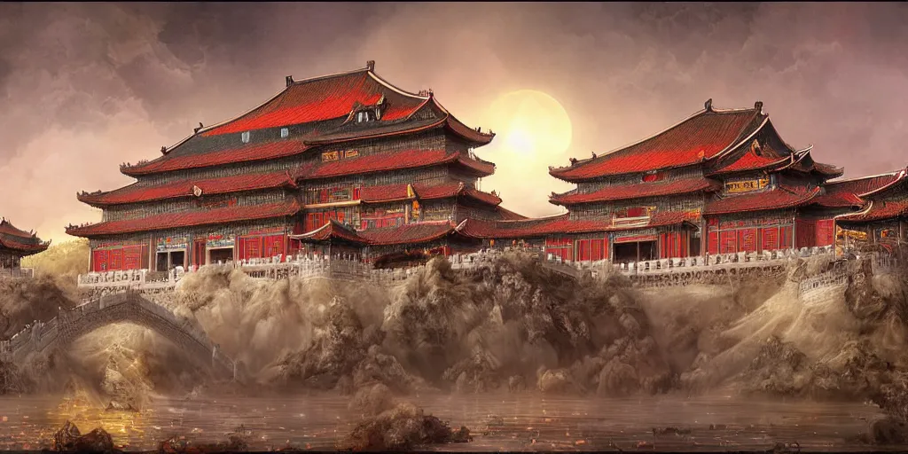 Prompt: concept art of tang dynasty palace, flowy, melting, round moons, rich clouds, very detailed, volumetric light, mist, fine art, textured oil over canvas, dragons, epic fantasy art, very colorful, ornate intricate scales, gold skulls, fractal gems, 8 k, hyper realistic, high contrast, yuji moriguchi