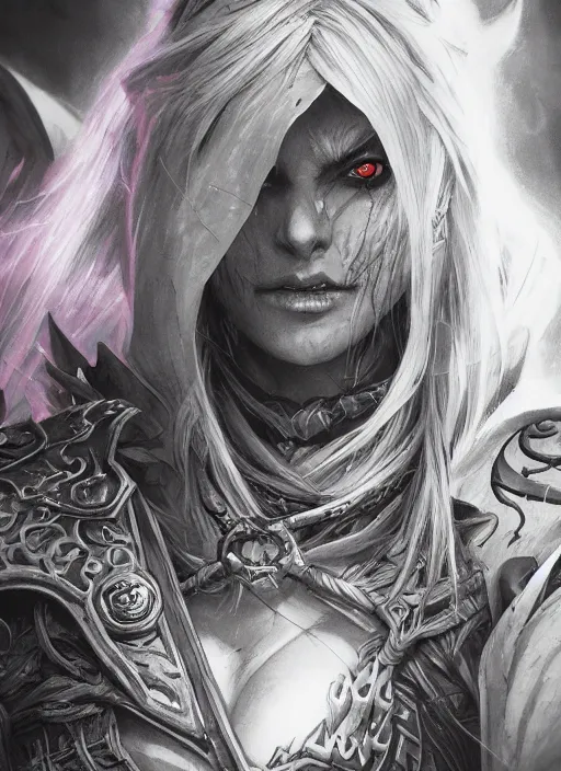 Prompt: close up portrait of sylvanas windrunner magic the gathering card, powerful, domineering, stoic, masterful, intense, ultrafine hyperdetailed illustration by kim jung gi, irakli nadar, intricate linework, sharp focus, octopath traveler, yoji shinkawa, highly rendered, detailed, concept art