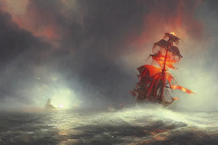 Image similar to A beautiful matte painting of huge alien spaceship attacking with powerful red lasers a Sailship in ocean in thunderstorm by Greg Rutkowski and Ivan aivazovsky