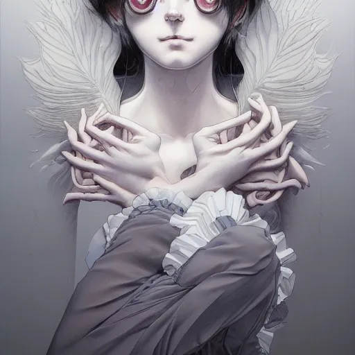 Image similar to prompt : gray and white portrait soft light painted by james jean and katsuhiro otomo and erik jones, inspired by evangeleon anime, smooth face feature, intricate oil painting, high detail illustration, sharp high detail, manga and anime 1 9 9 9