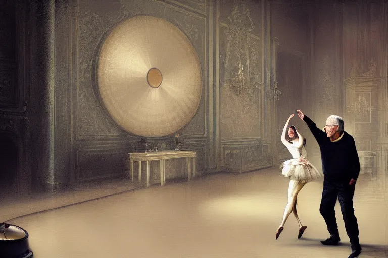 Prompt: A young woman dancing with her grandfather in front of a gramophone, inside a grand ornate room, by Adrian Ghenie and Gerhard Richter In style of digital illustration art, Rembrandt lighting, hyper detailed, sharp focus, Soft light 4K,