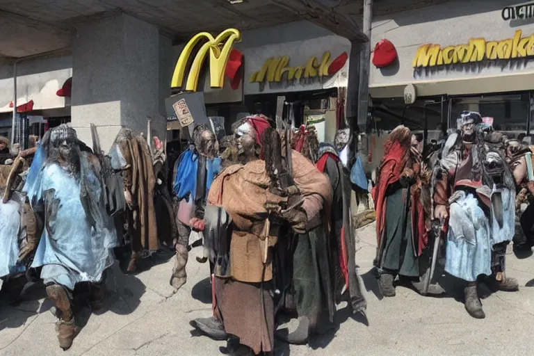 Image similar to cellphone photograph of lord of the rings uruk - hai and orcs protesting the working conditions at a mcdonalds parking lot in the daylight. dirty mcdonalds uniforms, aprons. picket signs and battleaxes in hand