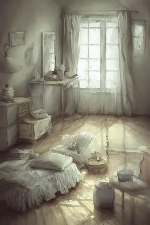 Prompt: shabby chic dressing room, vanilla colored lighting, soft painted room, wood floor, yellow lighting bare room, empty room, studio room, window to night time, warm lighting inside, by artgerm