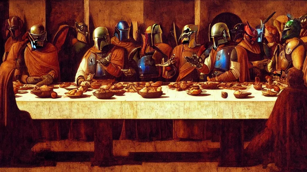 Image similar to mandalorian last supper, by leonardo davinci, concept art, oil painting, art station