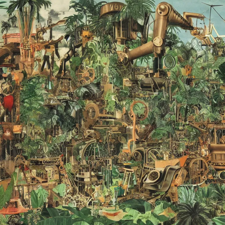 Image similar to a network of steampunk machinery in tropical nature, painted by Neo Rauch, 1970 magazine cut out collage