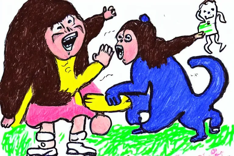 Prompt: Kids crayon drawing of a girl wearing girl shouting to a gorilla eating a banana