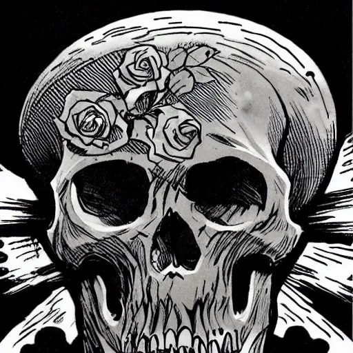 Image similar to Roses growing out of a skull. Centered, Dark Fantasy, Film Noir, Black and White. High Contrast, Mike Mignola, D&D, OSR