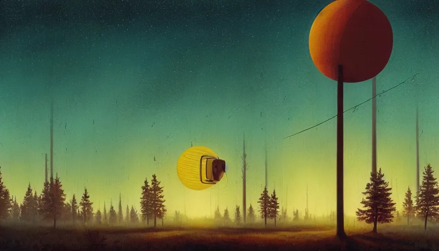 Prompt: communication dish in the foreground, sun in the sky, early morning, forest in the background, simon stalenhag