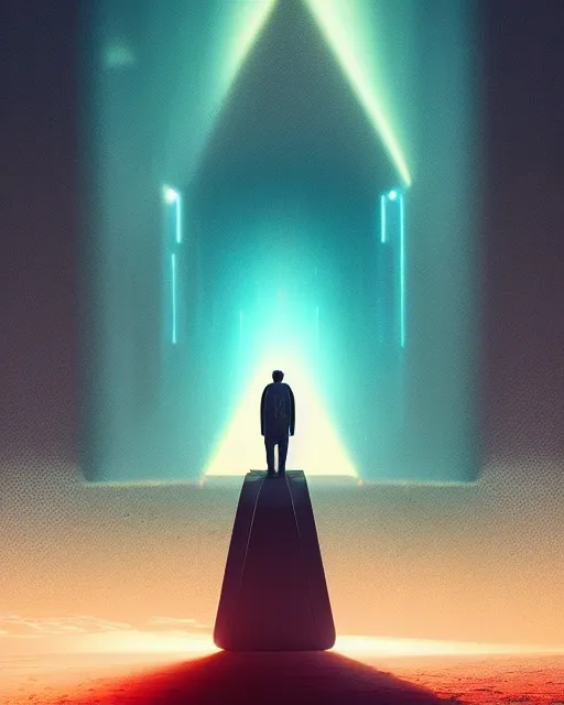 Image similar to a person standing in front of an open door, poster art by mike winkelmann, trending on cg society, space art, sci - fi, ue 5, futuristic, volumetric lighting