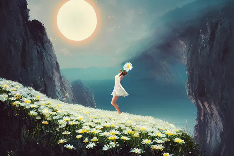 Image similar to large white daisy flower on head, girl dancing on cliff, surreal photography, solar eclipse, milky way, dramatic light, impressionist painting, clouds, digital painting, artstation, james gilleard, liam wong, jeremy mann, simon stalenhag