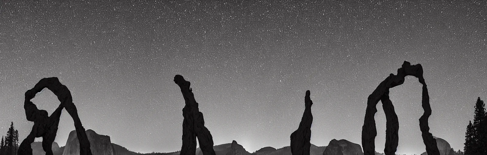 Image similar to to fathom hell or soar angelic, just take a pinch of psychedelic, medium format photograph of two colossal minimalistic necktie sculpture installations by antony gormley and anthony caro in yosemite national park, made from iron and marble, granite peaks visible in the background, taken in the night