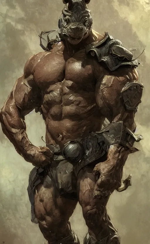 Image similar to rocksteady, rhino, mutant, rugged, handsome, male, atmospheric lighting, amazing, full body, thighs, armpit, muscular, intricate, highly detailed, digital painting, deviantart, concept art, sharp focus, illustration, art by greg rutkowski and alphonse mucha