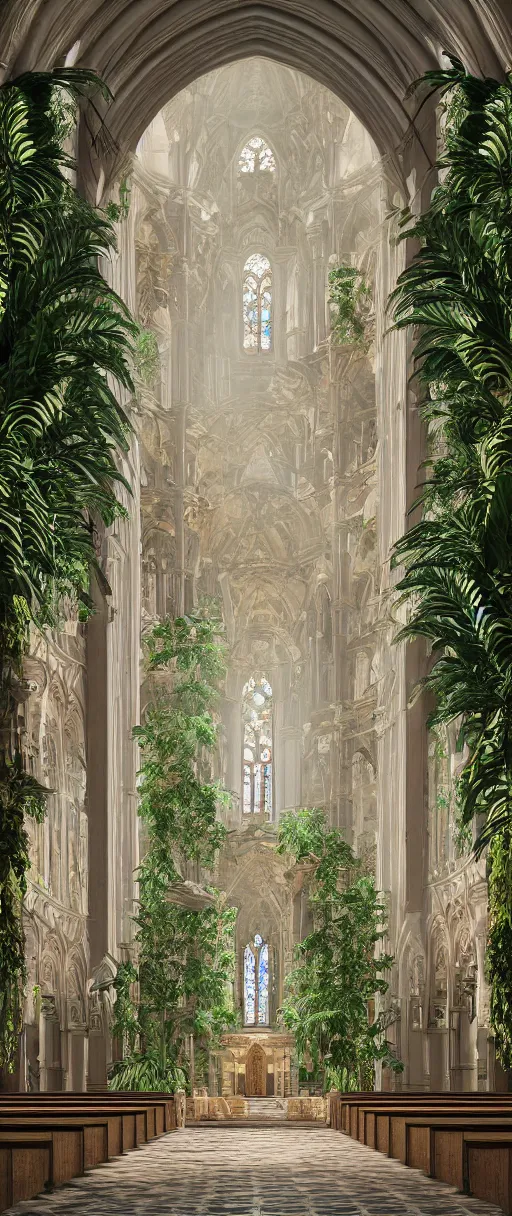 Prompt: beautiful cathedral interior with koi pond in the middle surrounded by palm trees, ivy, flowers, tropical plants, roses, and with archways, rendered in octane render with photorealistic volumetric lighting, cinematic,!! horizontal symmetry!!!, symmetrical, a flemish baroque by thomas cole, sanctuary, unsplash contest winner, maximalism, sanctuary