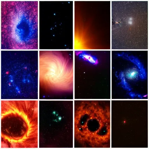 Prompt: Deep space images, supernovas, sunbursts, scattered galaxies, light-devouring black hole, 8K