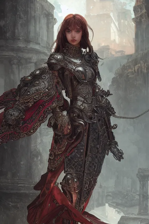 Image similar to portrait knights of Zodiac girl, metallic black and reddish reflected armor, in ruined Agora of Athens, ssci-fi, fantasy, intricate, very very beautiful, elegant, highly detailed, digital painting, artstation, concept art, smooth, sharp focus, illustration, art by tian zi and WLOP and alphonse mucha