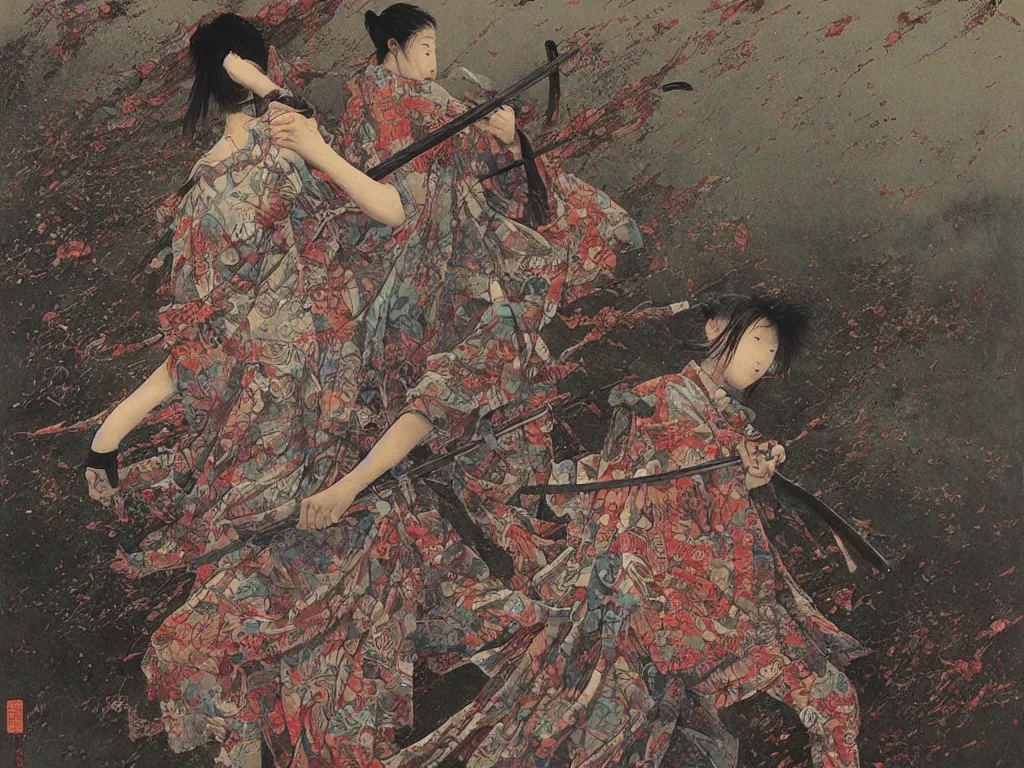 Image similar to Japanese schoolgirl runs away from Samurai with a katana on the subway, high detailed Beksinski painting, part by Adrian Ghenie and Gerhard Richter. art by Takato Yamamoto. deep colours