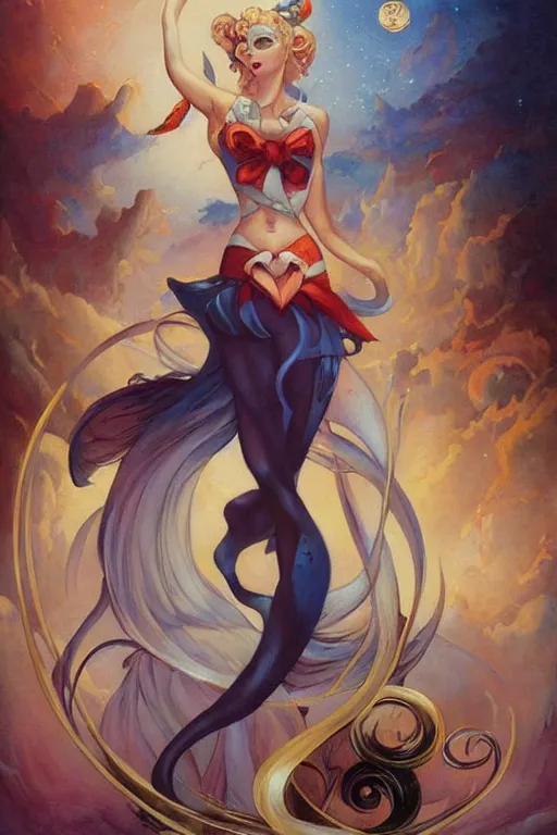 Image similar to Sailor Moon by Peter Mohrbacher in the style of Gaston Bussière, Art Nouveau, covered of blood