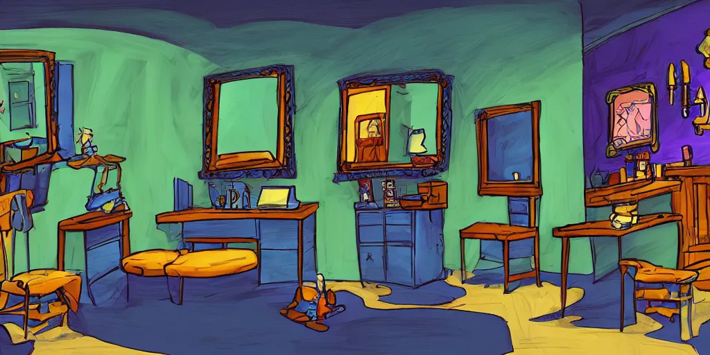 Image similar to a dimly lit, theater dressing room, with a mirror, a chair, a couch, day of the tentacle style, drawn by Peter Chan