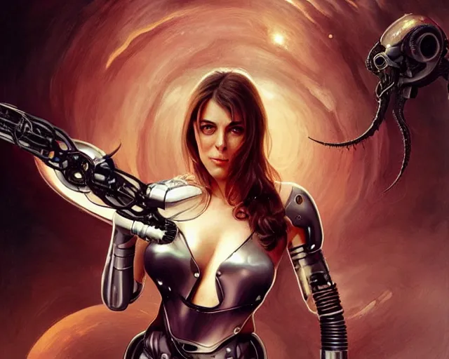 Prompt: young elizabeth hurley as a gorgeous cyborg terminator being caught by the kraken, photography of kurzgesagt, deep focus, d & d, fantasy, intricate, elegant, highly detailed, digital painting, artstation, concept art, matte, sharp focus, illustration, hearthstone, art by artgerm and greg rutkowski and alphonse mucha