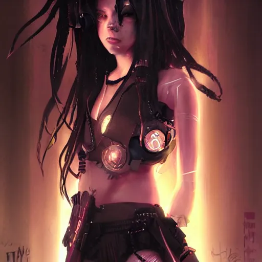 Image similar to cybergoth teen girl, artwork by greg rutkowski and hiroriko araki