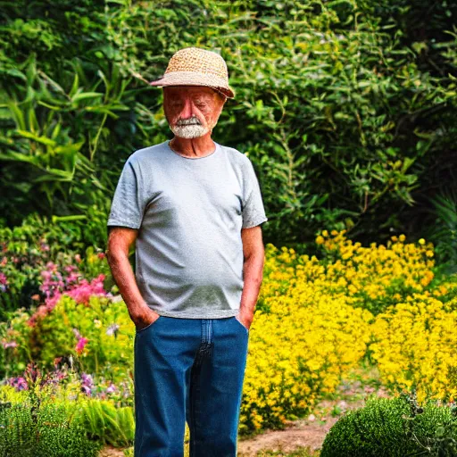 Prompt: portrait of an old man in with short grey hair and no beard wearing a straw hat standing in a garden, yellow t shirt, jeans, brown leather shoes, photography, high detail,
