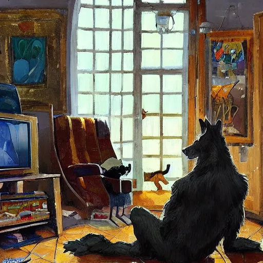 Image similar to a humanoid german shepherd beast - man, sitting and watching a soccer match in his house on television, he has hurt his knee and is a dad, by erin hanson, alexi zaitsev, karl spitzweg, award winning, tv set