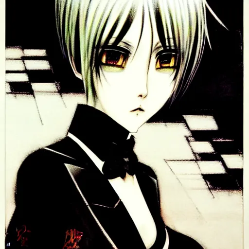 Image similar to Yoshitaka Amano realistic illustration of an anime girl with short white hair and black eyes wearing tuxedo, abstract black and white patterns on the background, noisy film grain effect, highly detailed, Renaissance oil painting