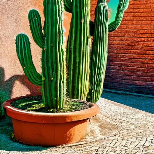 Prompt: a gigantic cactus in the centre of a courtyard, sun streaming in, shadows, high detail, realistic photo