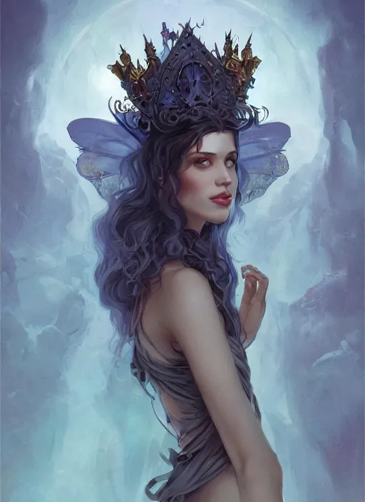 Image similar to tarot!!, fairy queen, fantasy medieval, no noise, elegant, concept art, sharp focus, beautiful face!!, digital art, smooth defined outlines!!, by Brom, trending on Artstation, Tom Bagshaw, Sargent