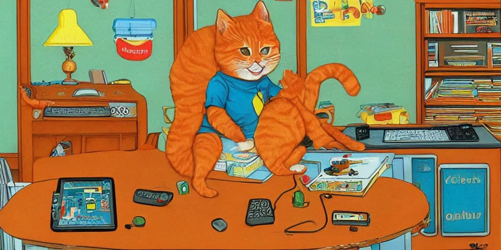 Image similar to an orange tabby kitten playing pc games by richard scarry