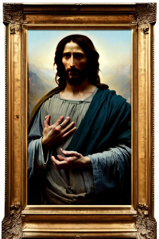 Image similar to photograph imax and solomon joseph solomon and richard schmid and jeremy lipking victorian loose genre loose painting full length portrait painting of jesus