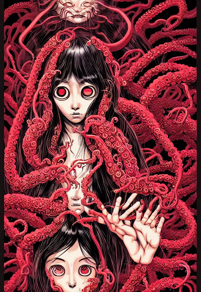 Prompt: a comic book style japanese horror poster of girl with large eyes by dan mumford, yusuke murata and junji ito, blood lines, yokai, shinigami, eyes, shurikens, kanji, tentacles, synthwave, 8k, unreal engine, trending on artstation, pixiv, intricate details, volumetric lighting